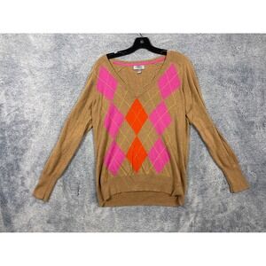 JCP Womens L Tan Argyle V-Neck Cashmere Blend Long Sleeve Sweater JC00-049-A